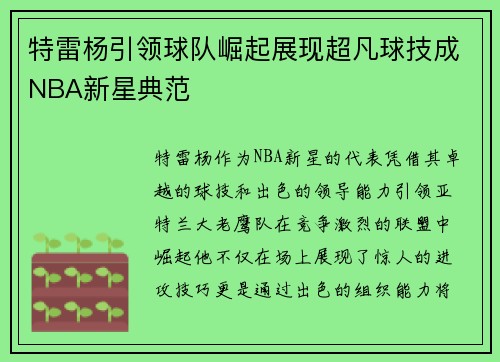 特雷杨引领球队崛起展现超凡球技成NBA新星典范