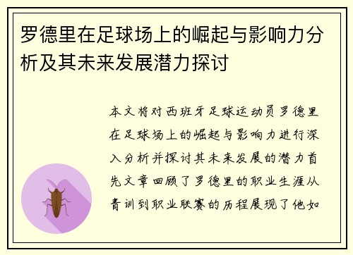 罗德里在足球场上的崛起与影响力分析及其未来发展潜力探讨